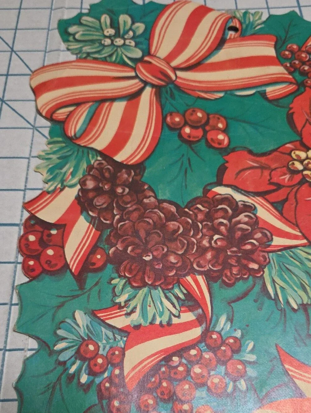 Holiday Poinsettia and Ribbon Party Die Cut - Green & Red, VTG, 10.5